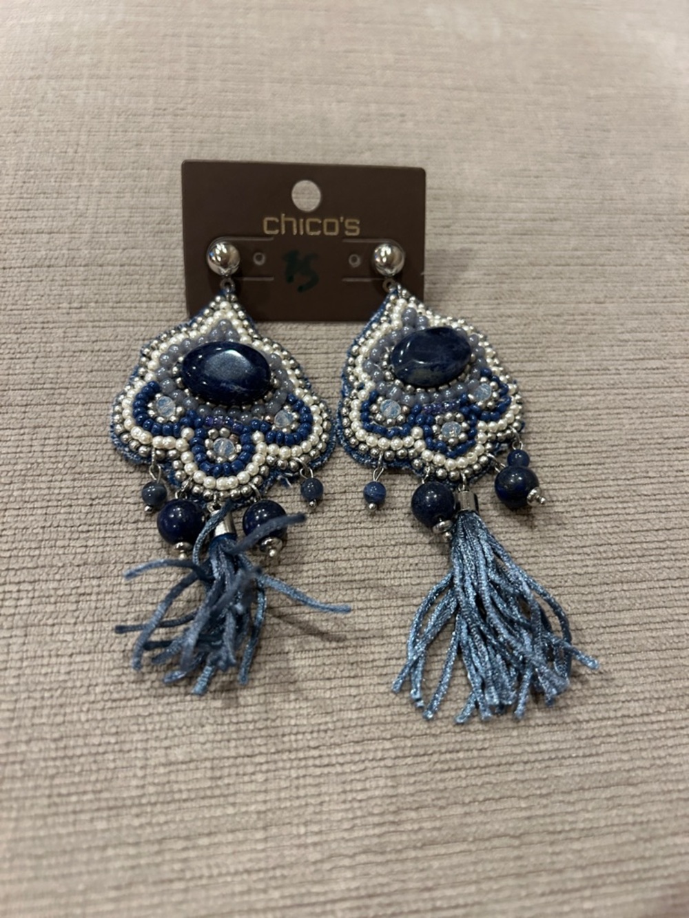 Chico's Navy and Silver Beaded Tassel Earrings